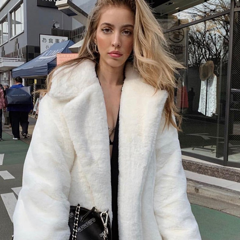 Winter Plush Thick Warm Loose Women Faux Rabbit Fur Coat Loose Lapel Fur Coat