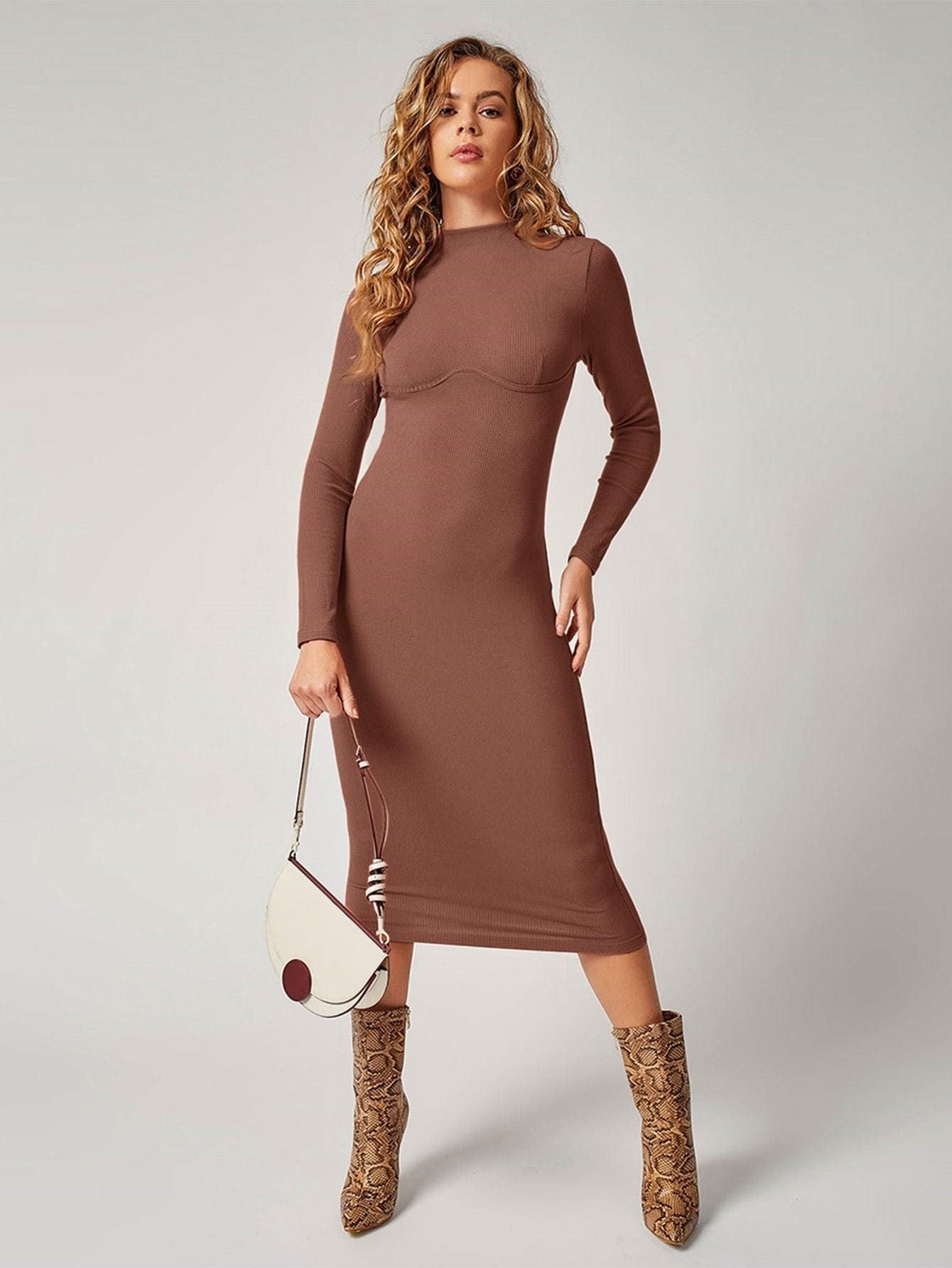 Basic Cute Knit Mock Dress (Brick)