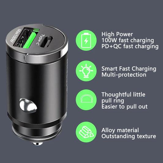 100W Mini Car Charger Lighter Fast Charging Phone