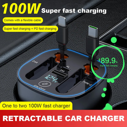 100W 4 in 1 Retractable Car Charger USB Type C Cable Fast Charger Phone