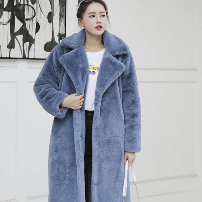 Winter Plush Thick Warm Loose Women Faux Rabbit Fur Coat Loose Lapel Fur Coat